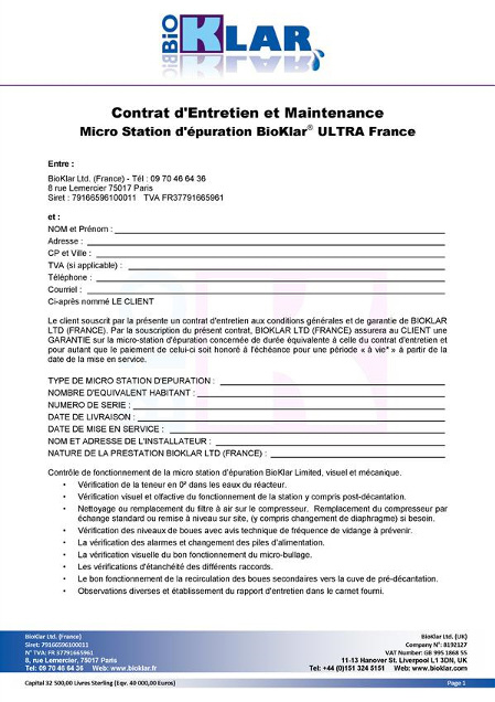 Micro Station d’épuration BioKlar® Contrat d'Entretien